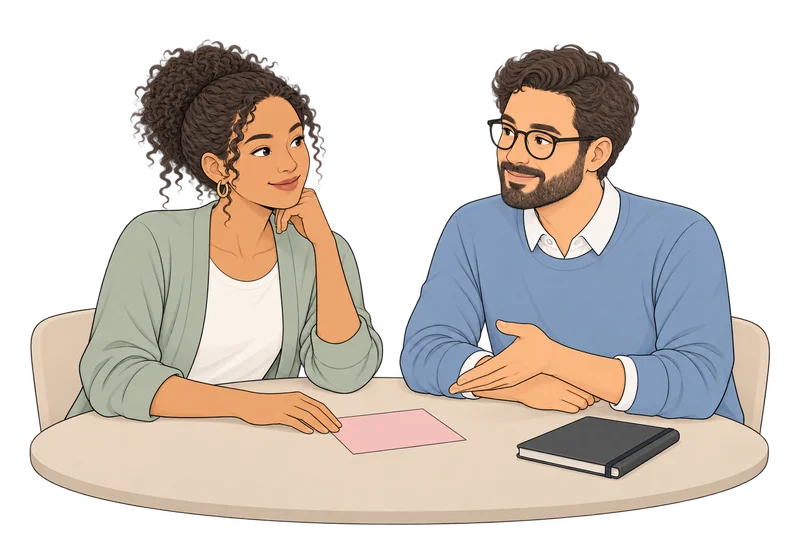 Illustration of two colleagues talking through a handover at a table