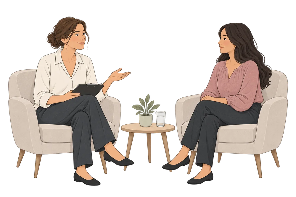 Two women seated in conversation, an illustration from the AdminFlow explainer