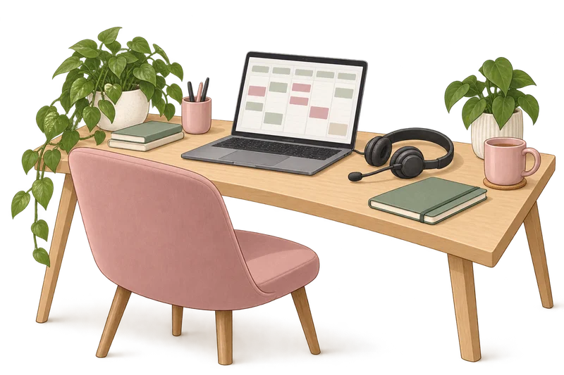 Editorial illustration of a front desk with a phone, laptop and notebook